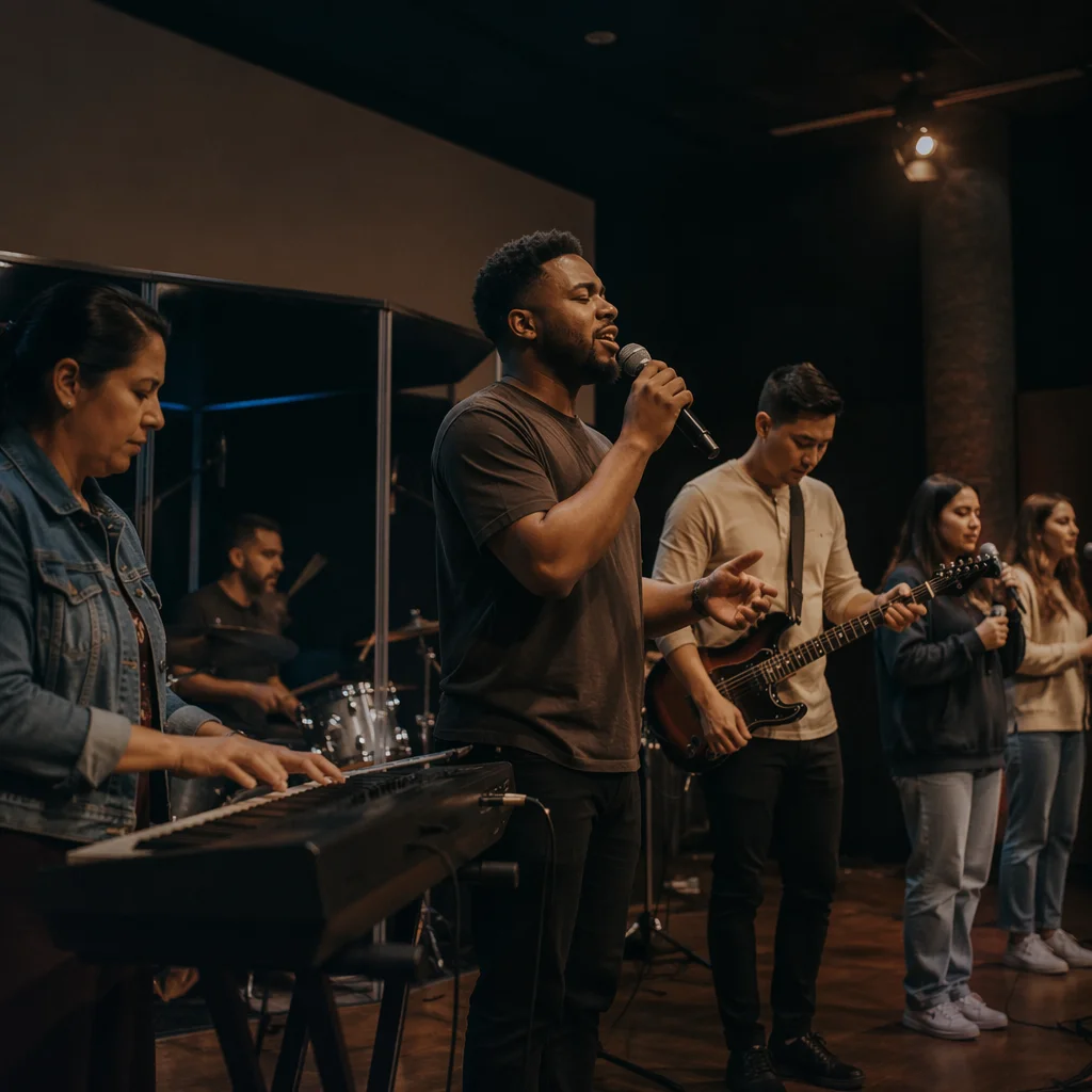 Worship Team Rehearsing on Church Stage
