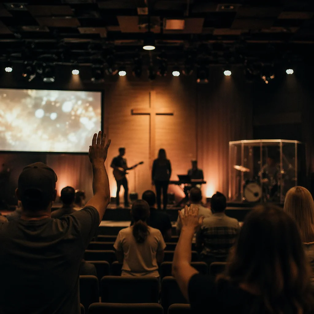 Worship Band Silhouettes in Church Auditorium