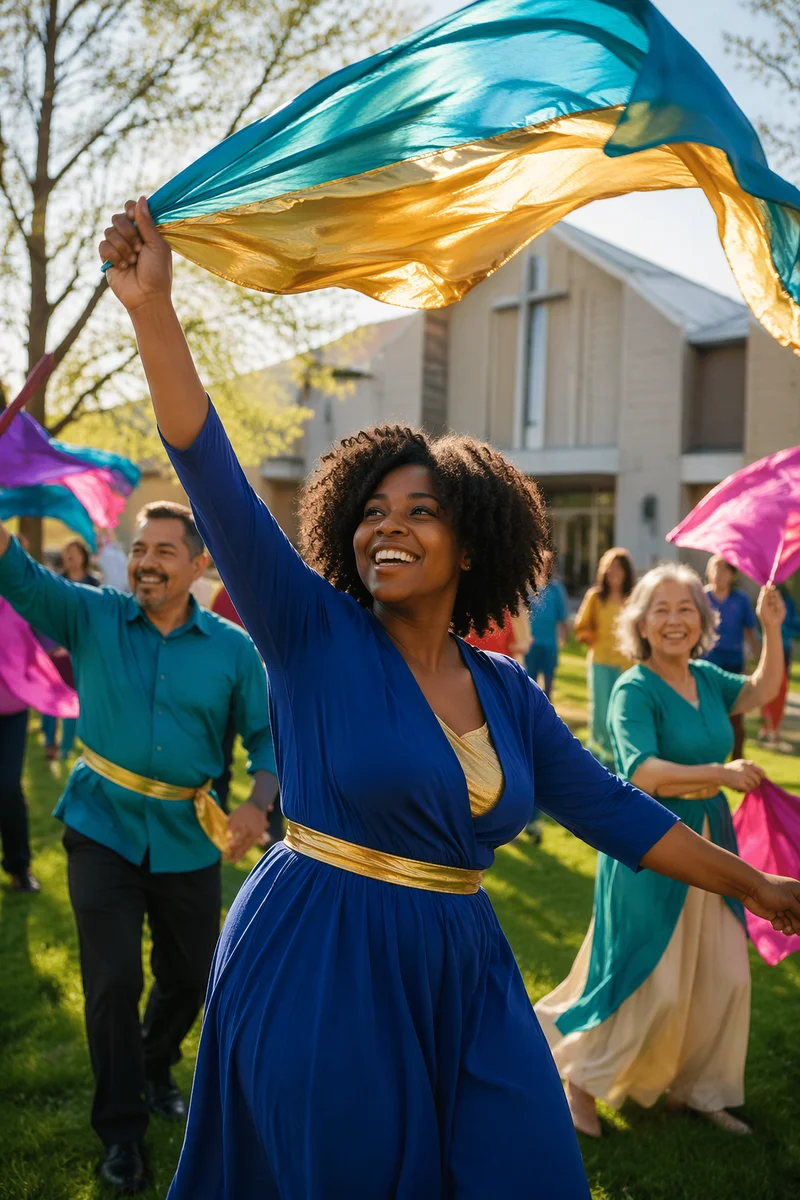 Colorful Flag Dancing Beside Church Courtyard