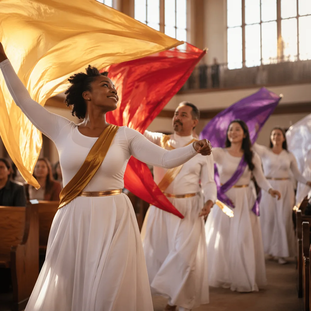Colorful Worship Dancers in Bright Sanctuary