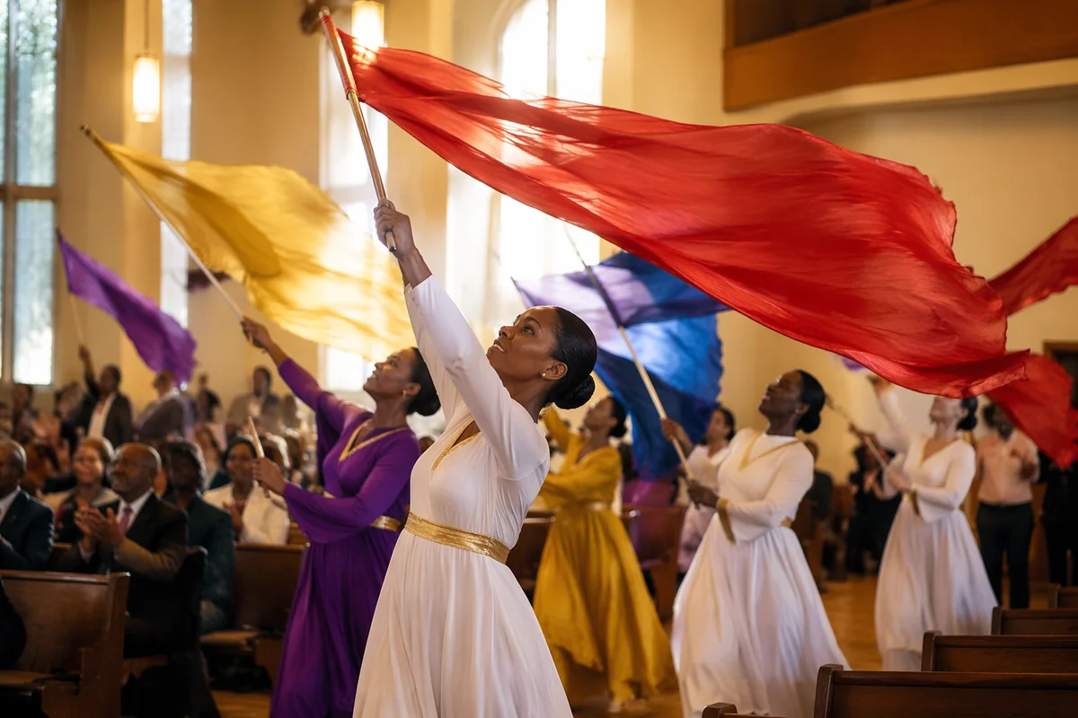 Colorful Flag Dancers in Church Aisle
