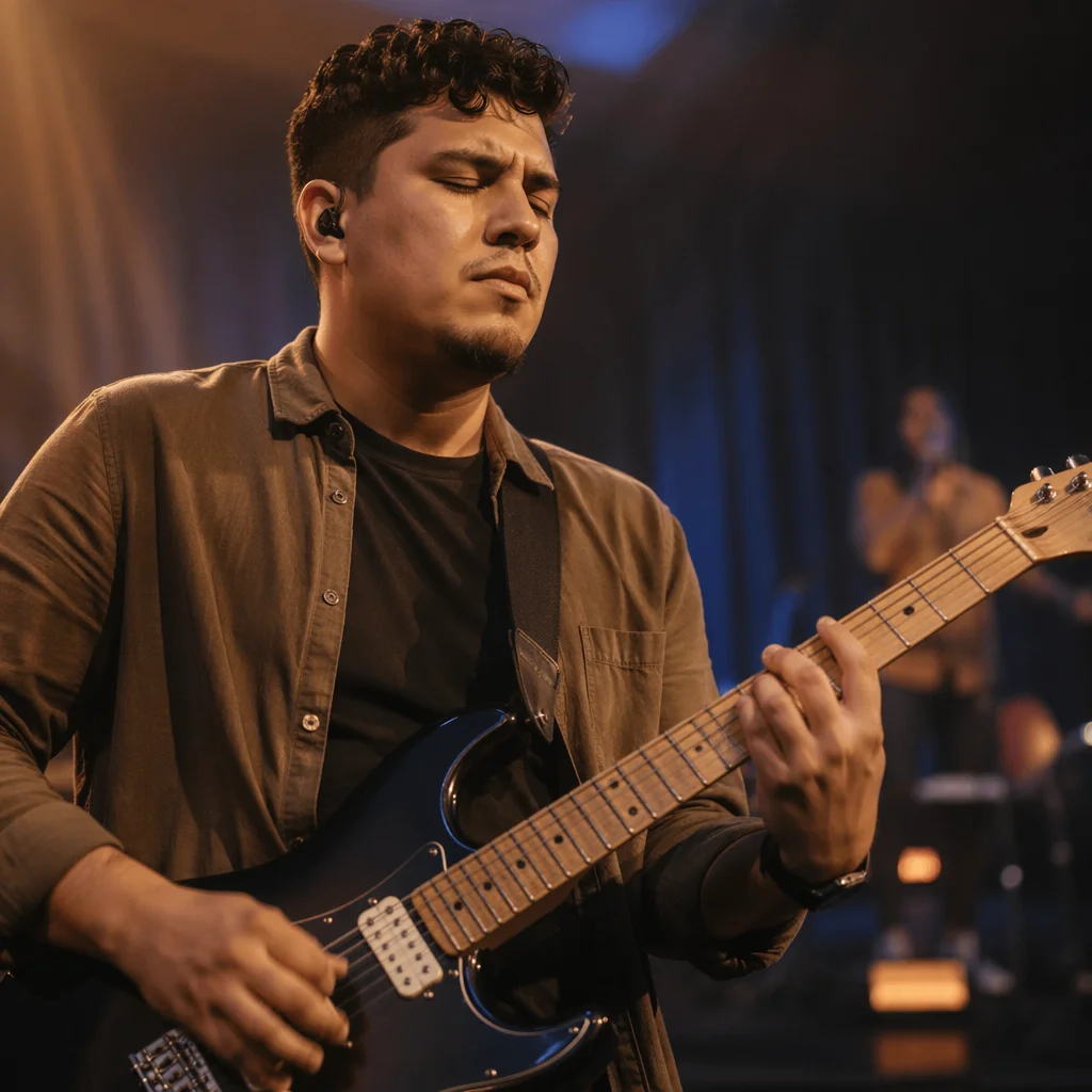 Close-Up Guitarist on Church Stage