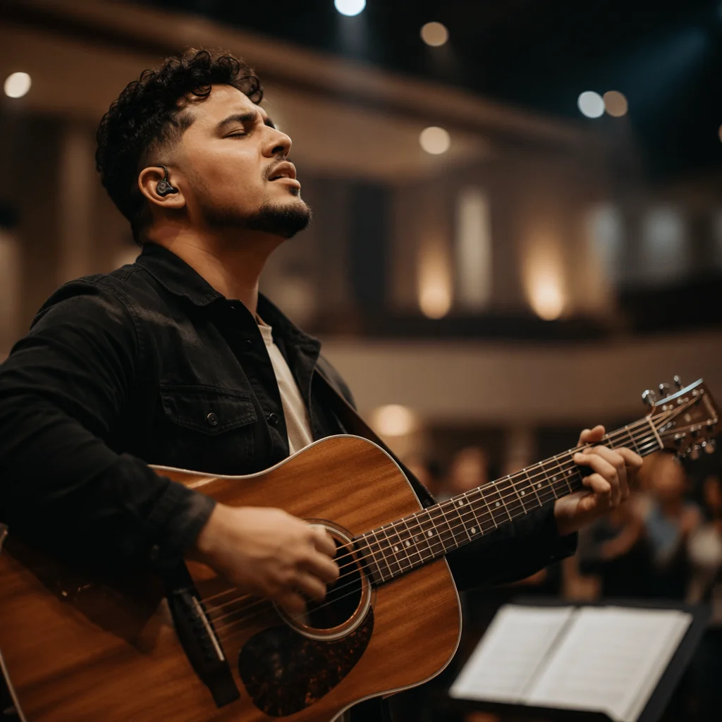 Close-Up Guitarist Playing on Church Stage
