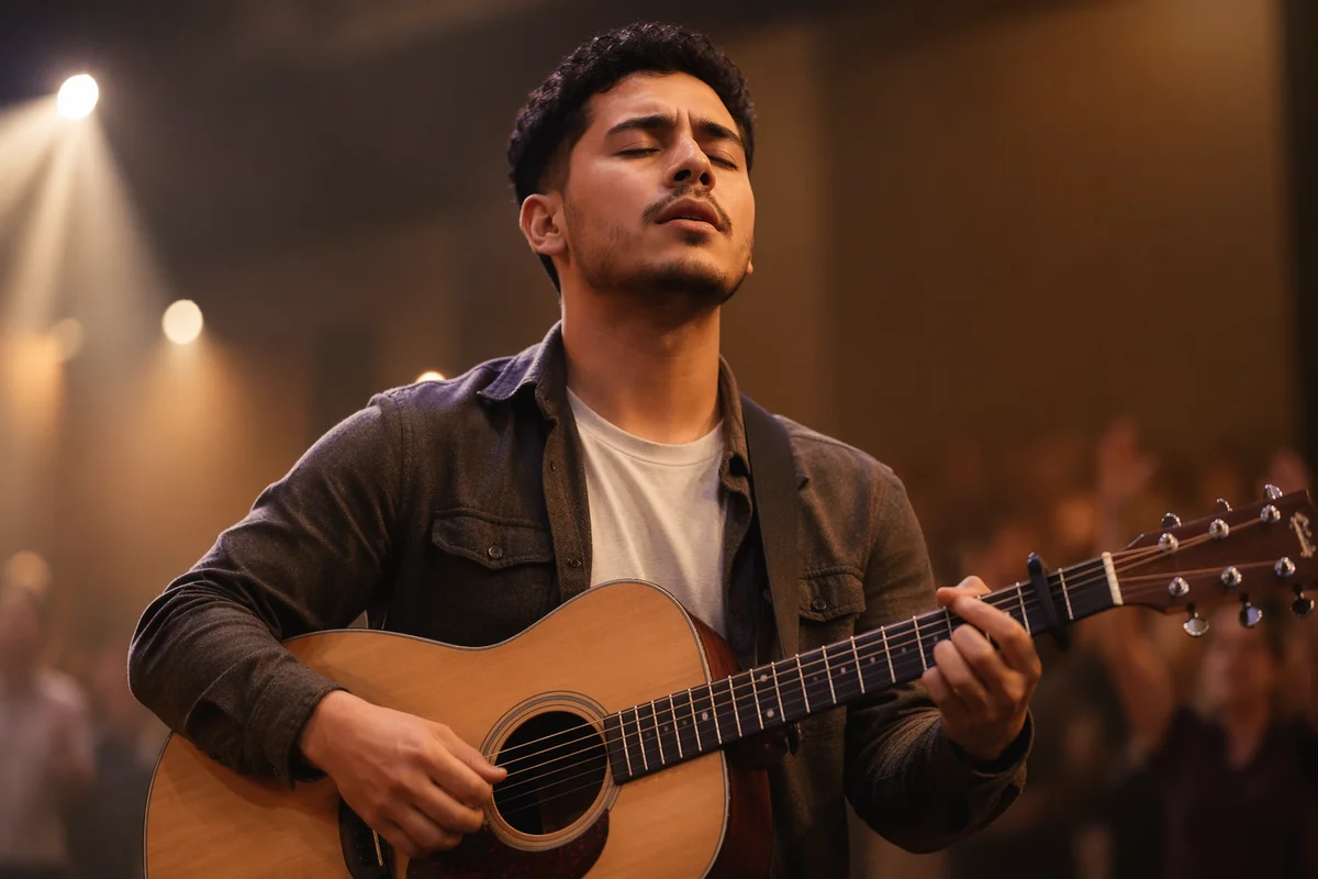 Close-Up Acoustic Guitarist on Church Stage