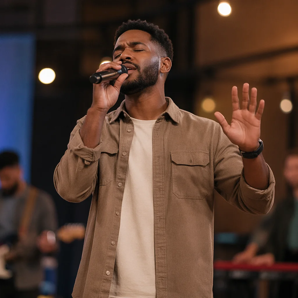 Worship Leader Singing Under Warm Stage Lights