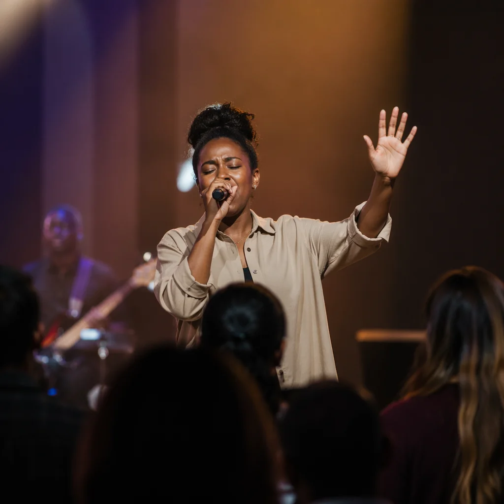 Black Worship Leader Singing on Church Stage