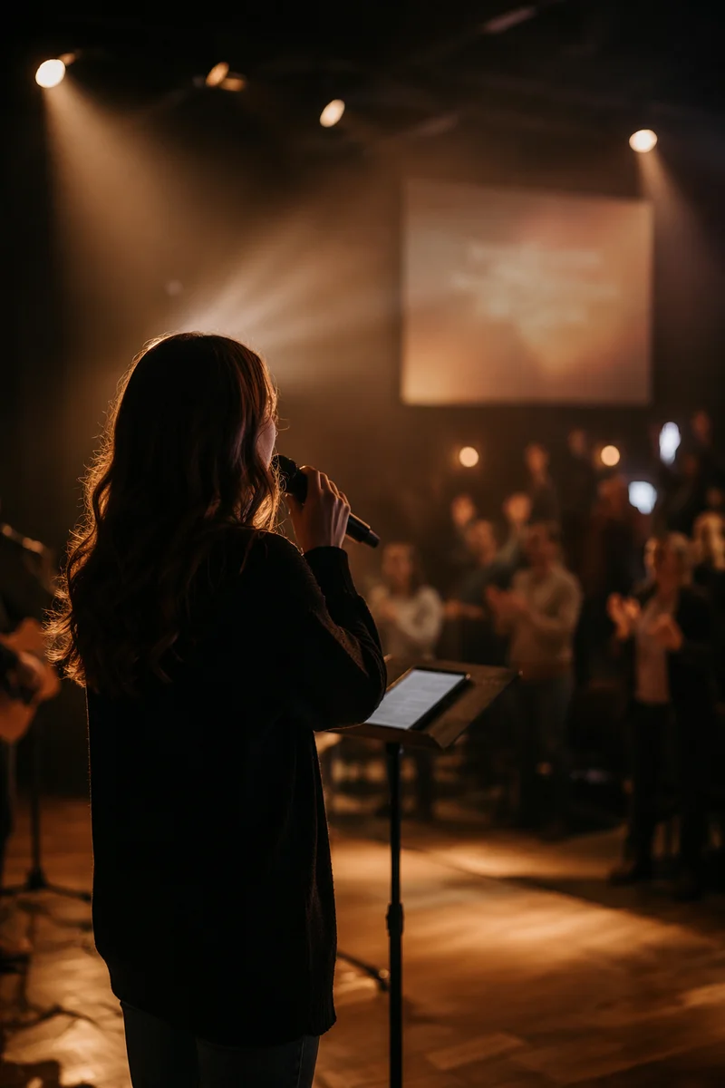 Worship Leader Singing Under Stage Lights