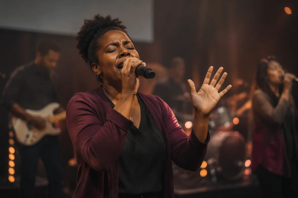 Worship Leader Singing on Warm Lit Stage