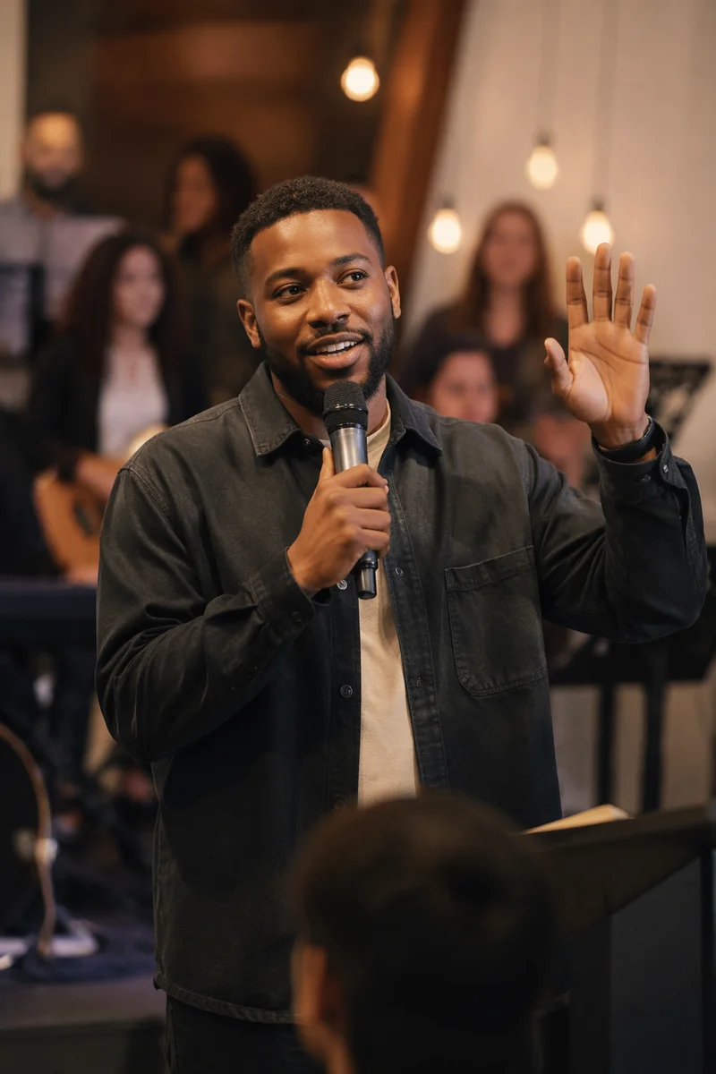 Young Man Speaking on Indoor Stage