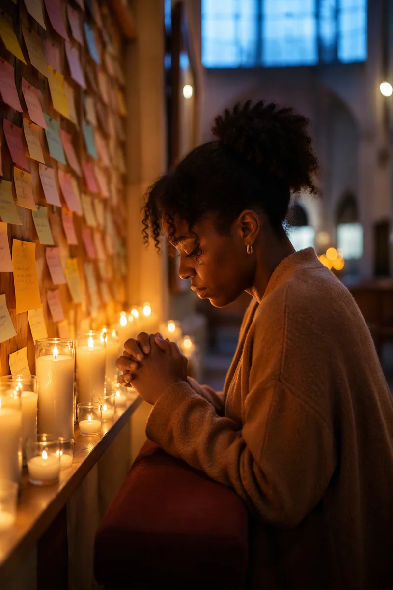 Woman Kneeling in Candlelit Prayer Corner
