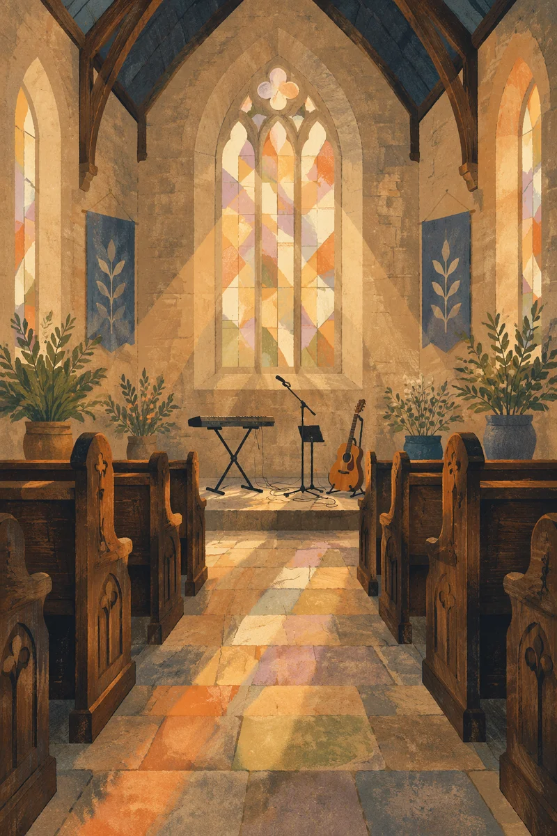 Empty Sanctuary Prepared for Worship Rehearsal