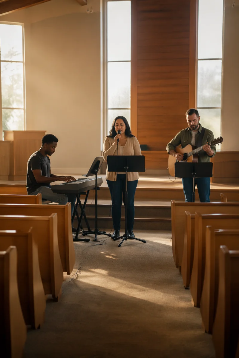 Worship Team Rehearsing in Empty Sanctuary