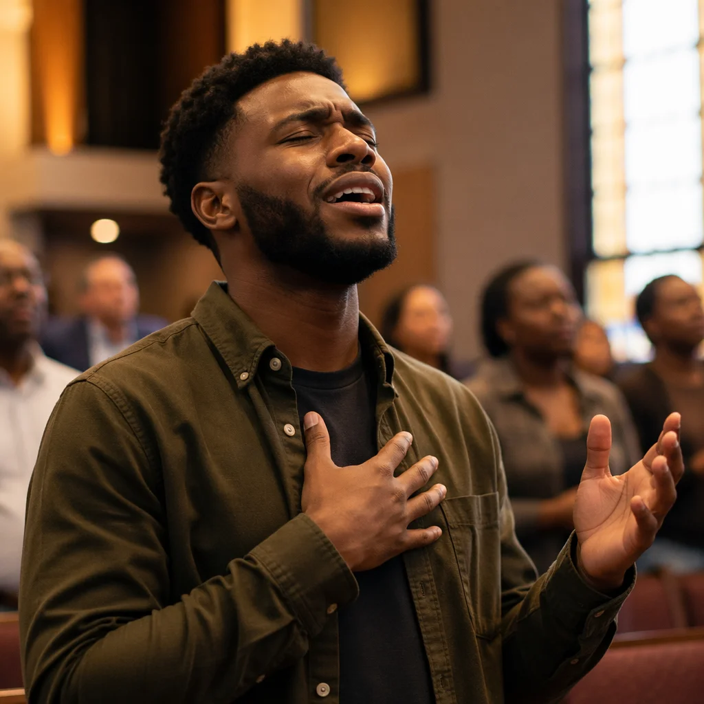 Young Man Singing in Church Sanctuary