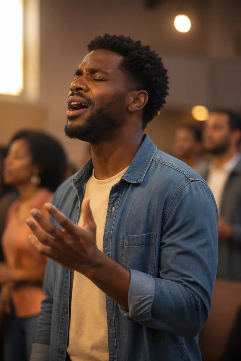 Young Man Singing in Church Interior