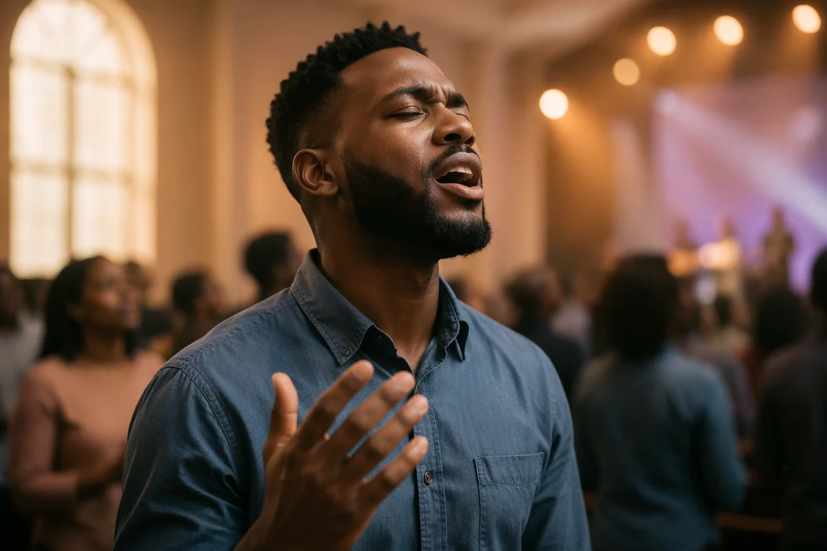 Young Man Singing in Church Interior