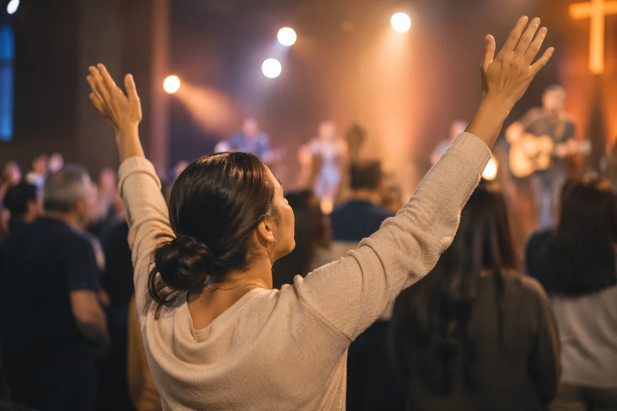 Young Woman Raising Hands in Church