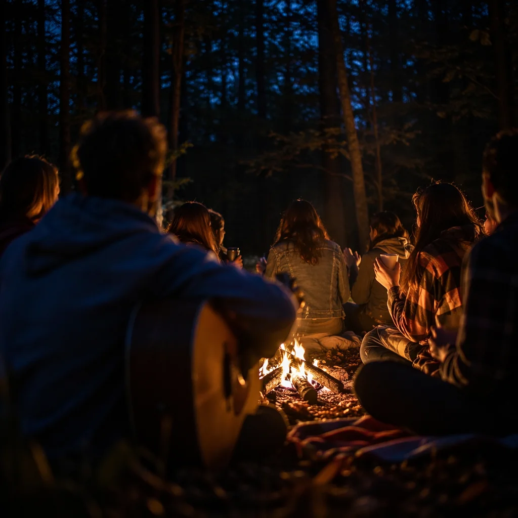 Youth Campfire Worship with Guitar at Night