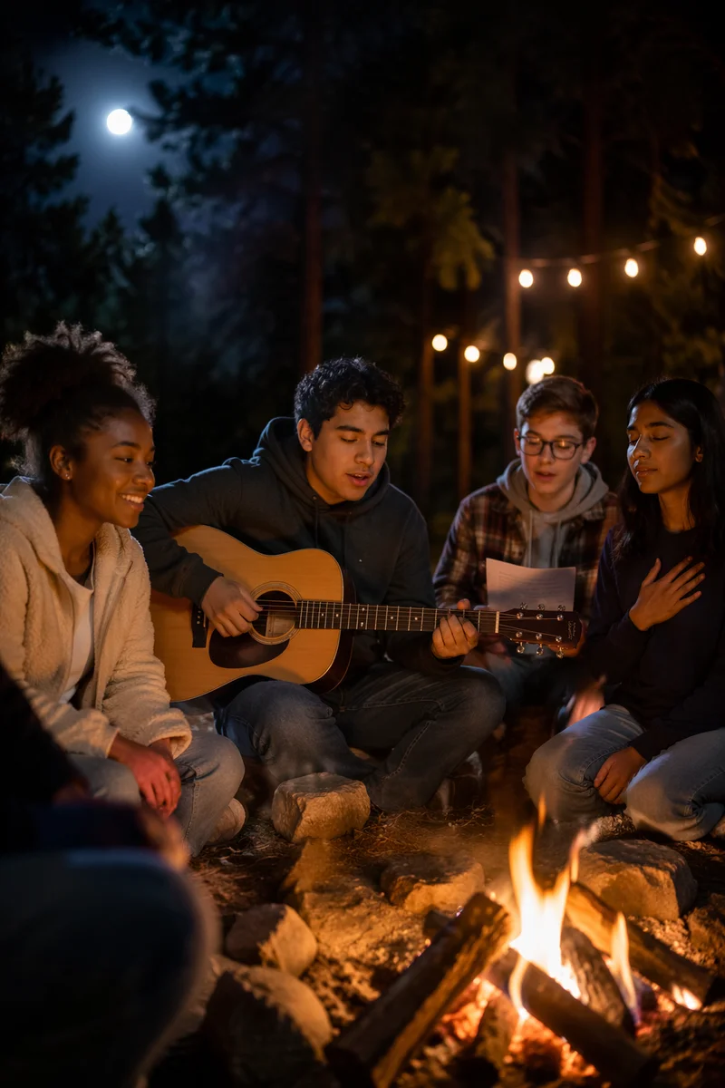 Youth Group Around Campfire at Night