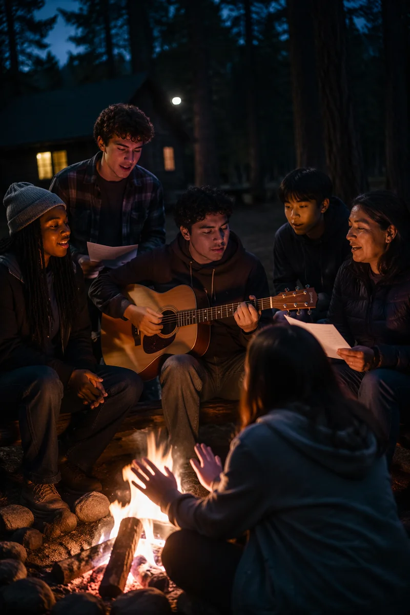 Youth Group Around Campfire at Night