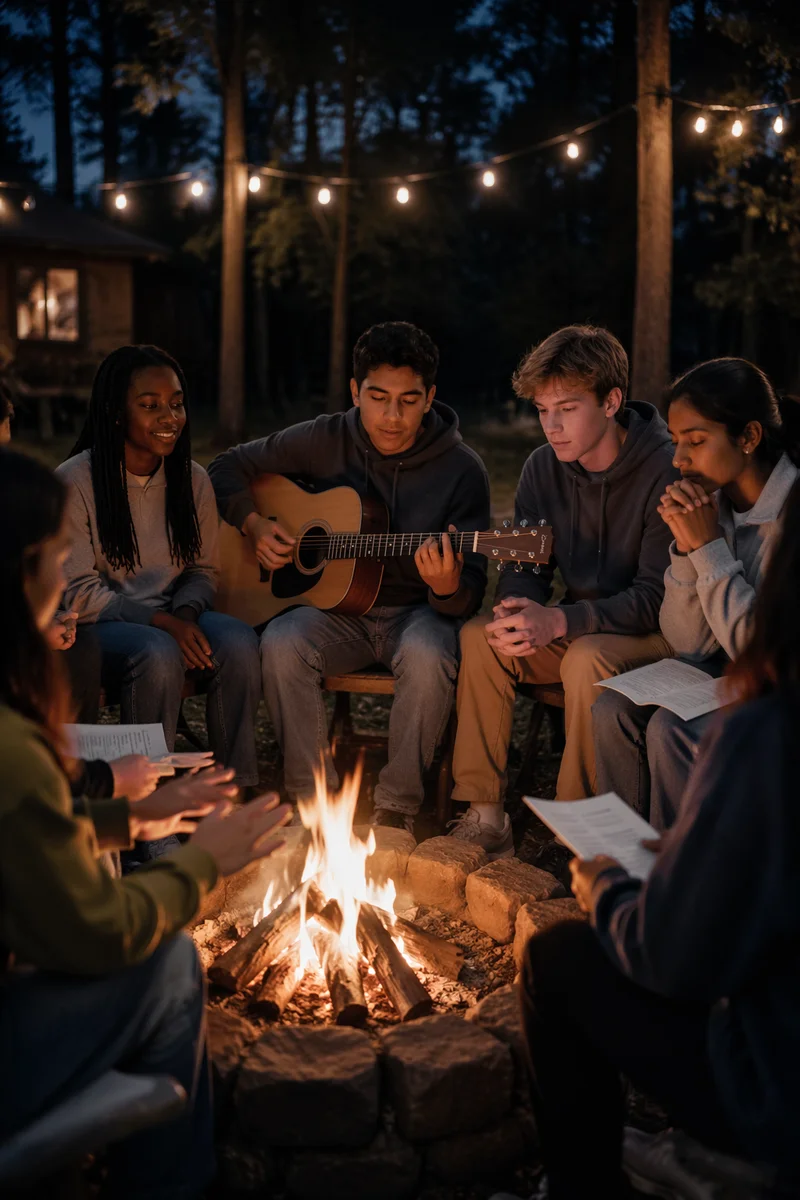 Youth Group Around Campfire at Night
