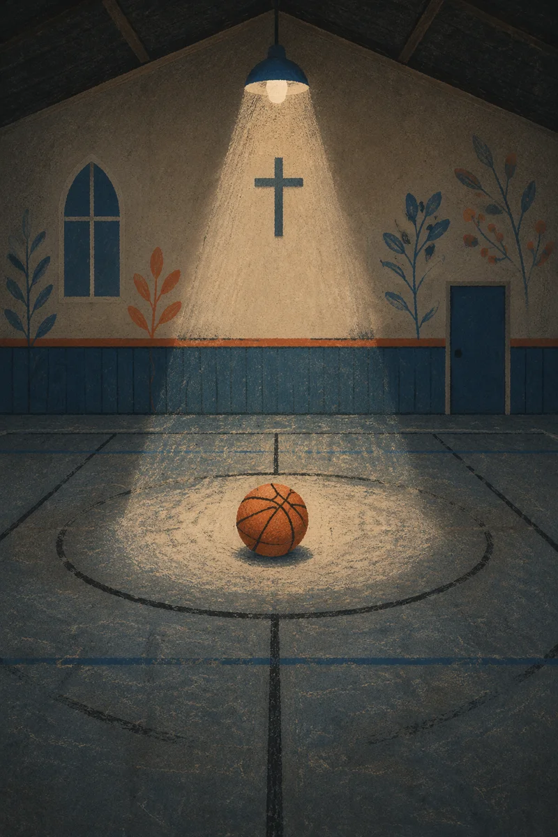 Basketball in Quiet Church Gym Spotlight