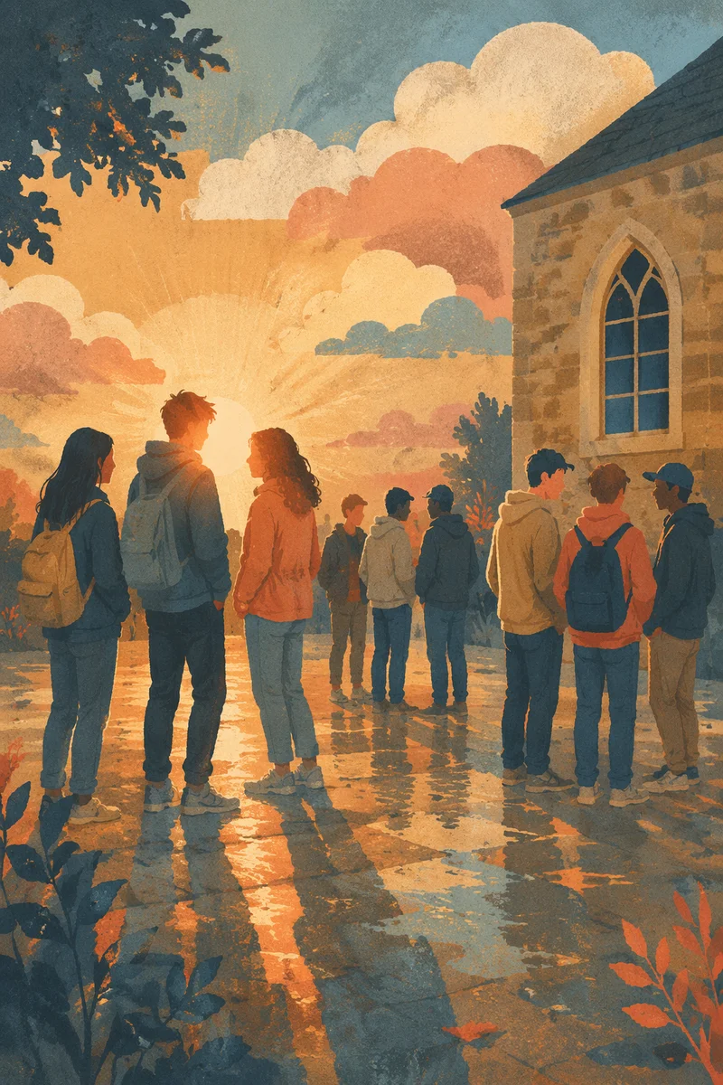 Backlit Church Youth Gathering at Golden Hour