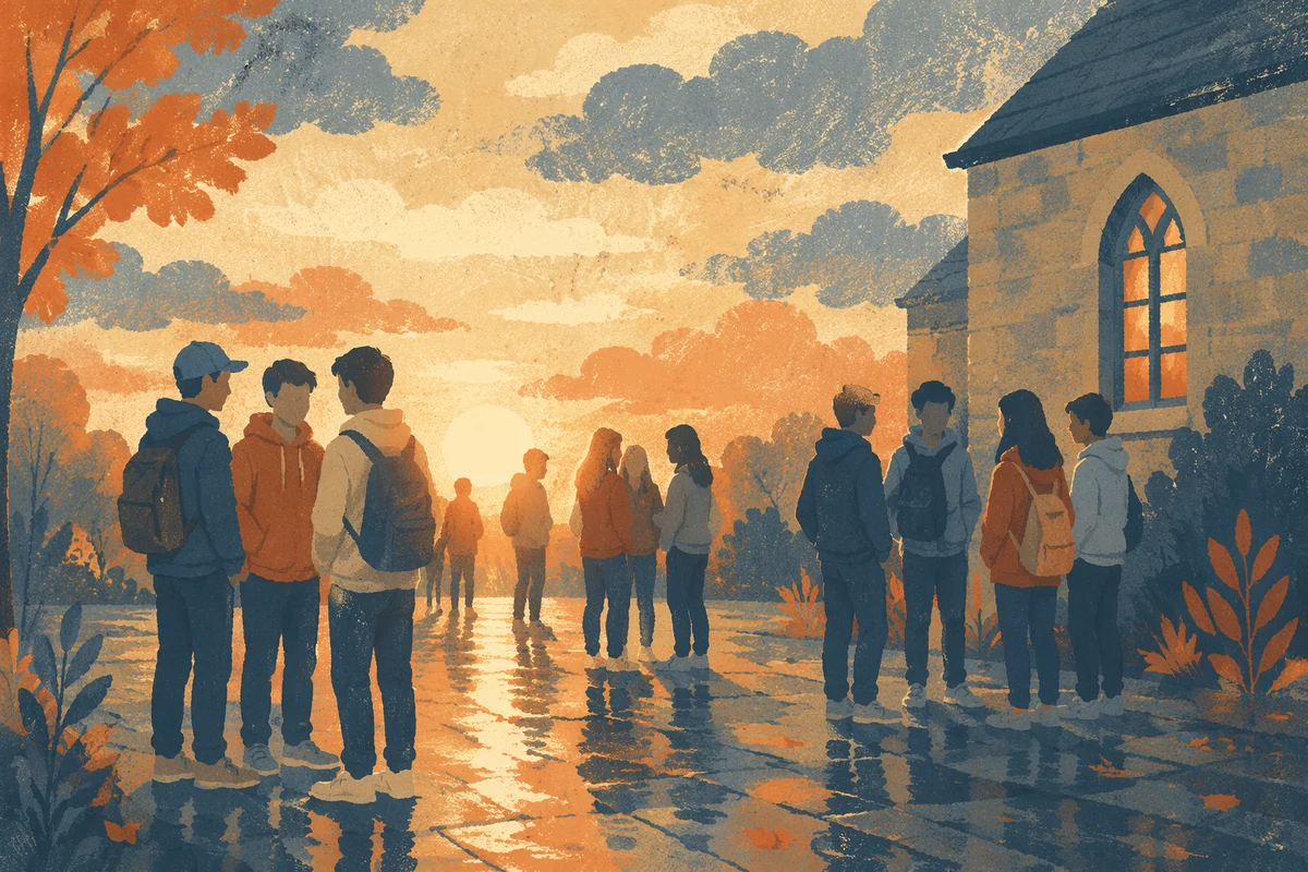 Teens Gathering in Church Courtyard at Golden Hour