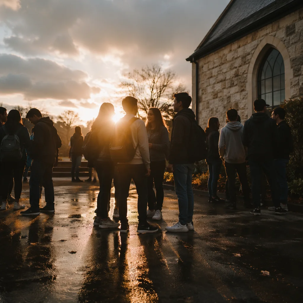 Teens Gathering in Church Courtyard at Golden Hour