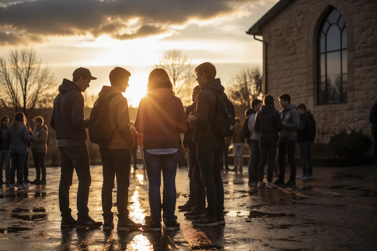 Teens Gathering in Church Courtyard at Sunset