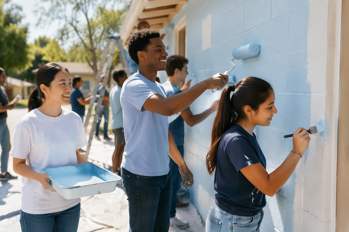 Young Volunteers Painting Exterior Community Wall