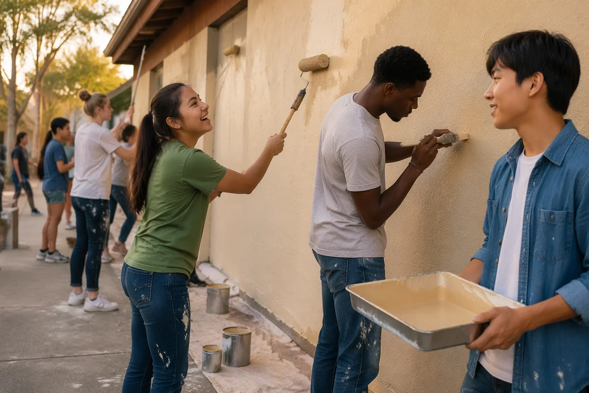 Teen Volunteers Painting Community Center Wall