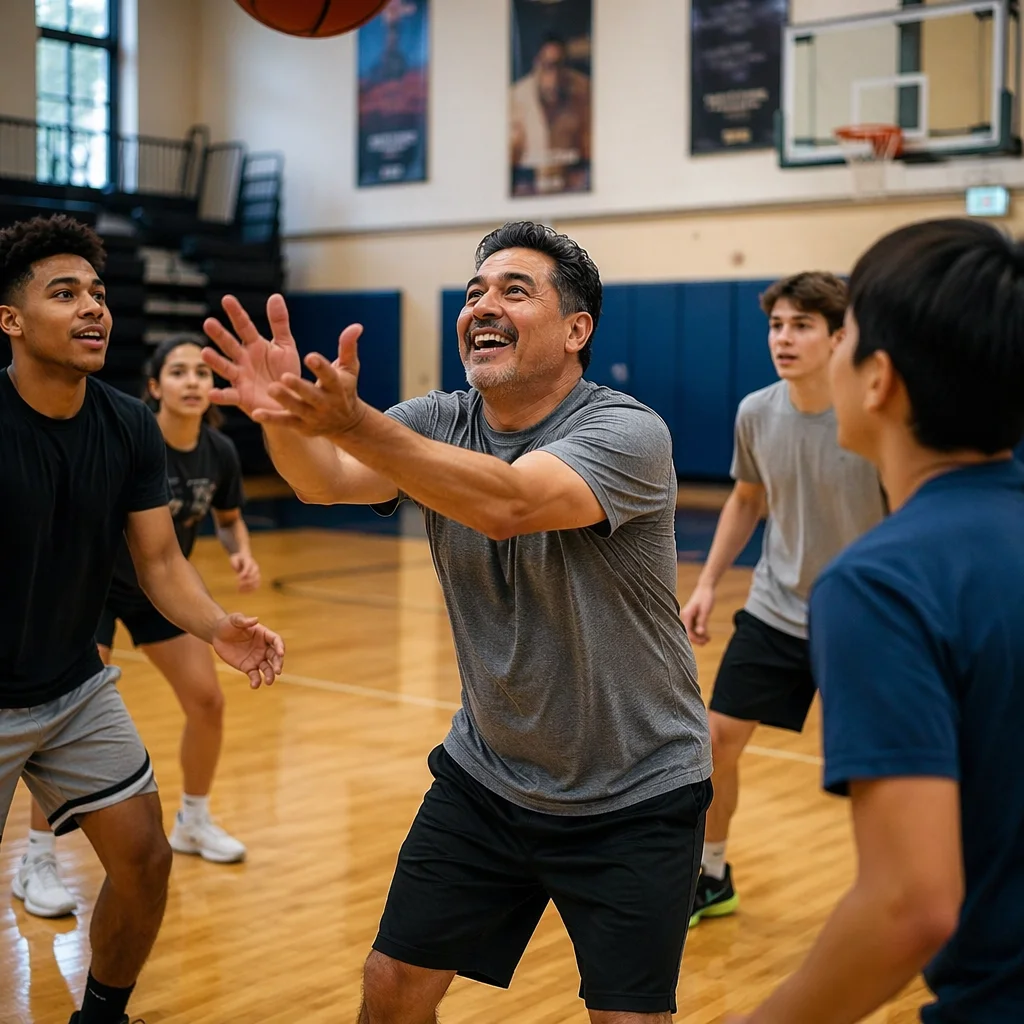 Mentor Playing Basketball with Teens in Gym