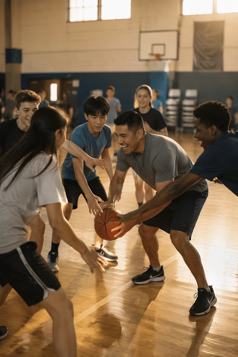 Youth Pastor Playing Basketball with Teens