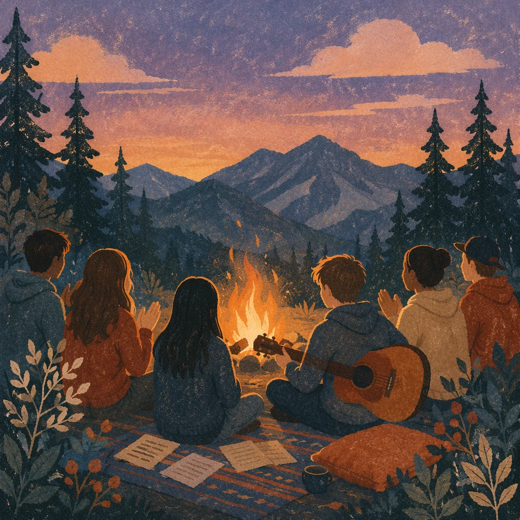 Youth Retreat Campfire Worship in Mountains