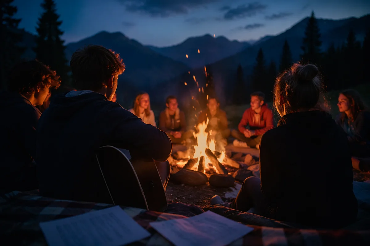 Youth Retreat Campfire Worship in Mountains