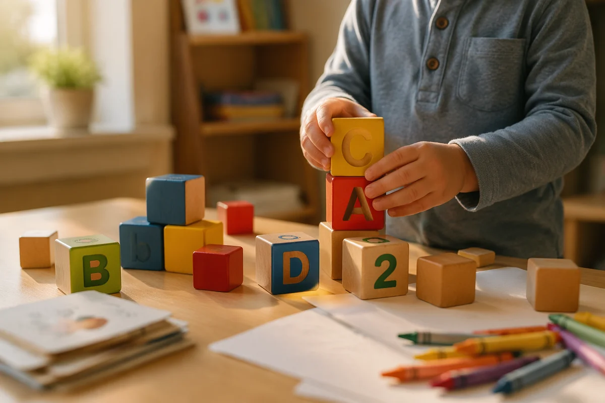 Colorful Alphabet Blocks on Classroom Table