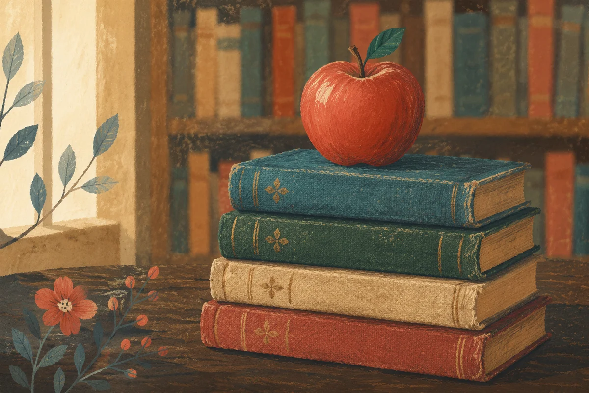 Red Apple on Vintage Books Table