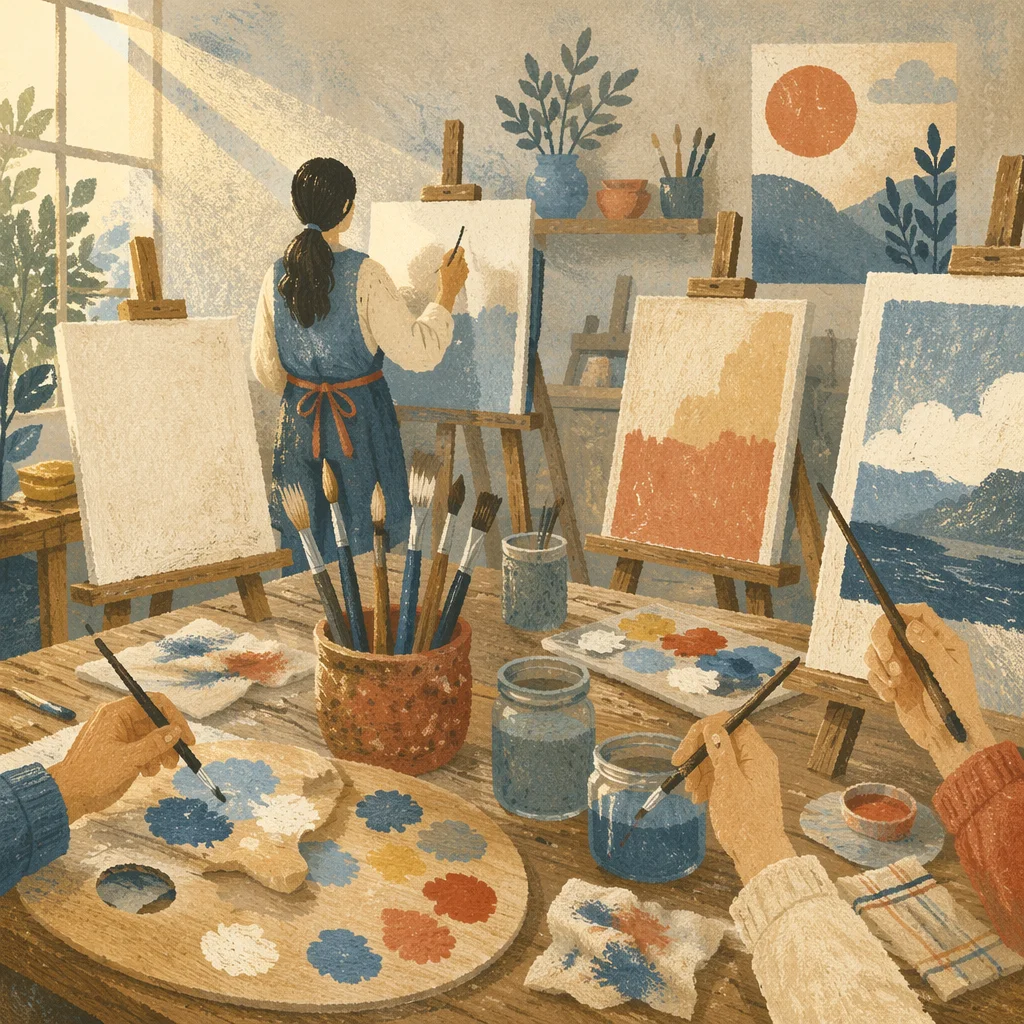 Bright Art Classroom with Palette and Canvases