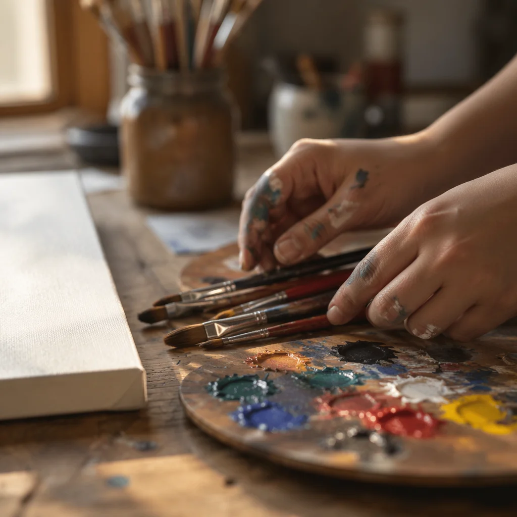 Art Class Palette Brushes and Blank Canvas