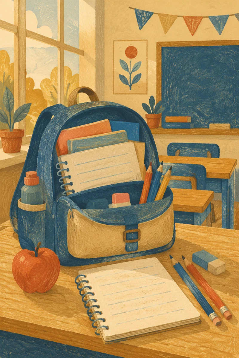 Sunlit Backpack and School Supplies on Desk