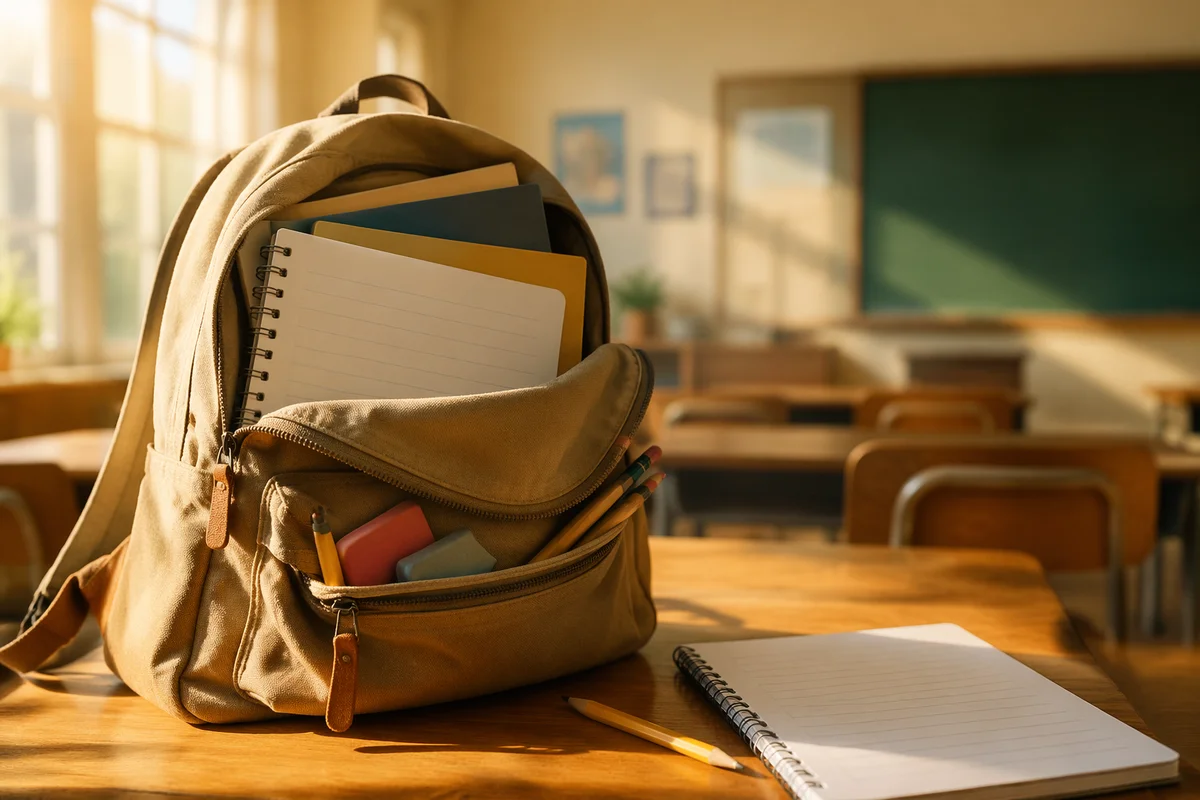 Sunlit Backpack and School Supplies on Desk