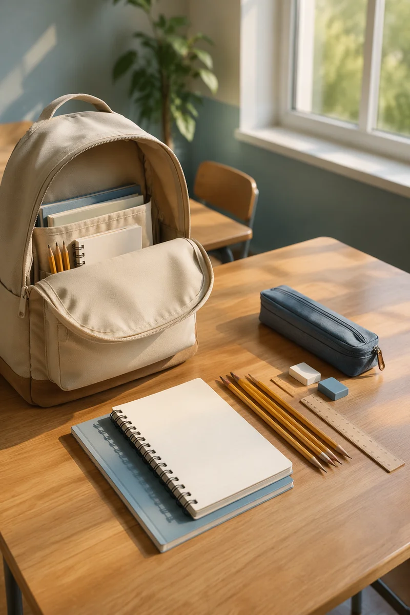 Backpack and School Supplies on Classroom Desk