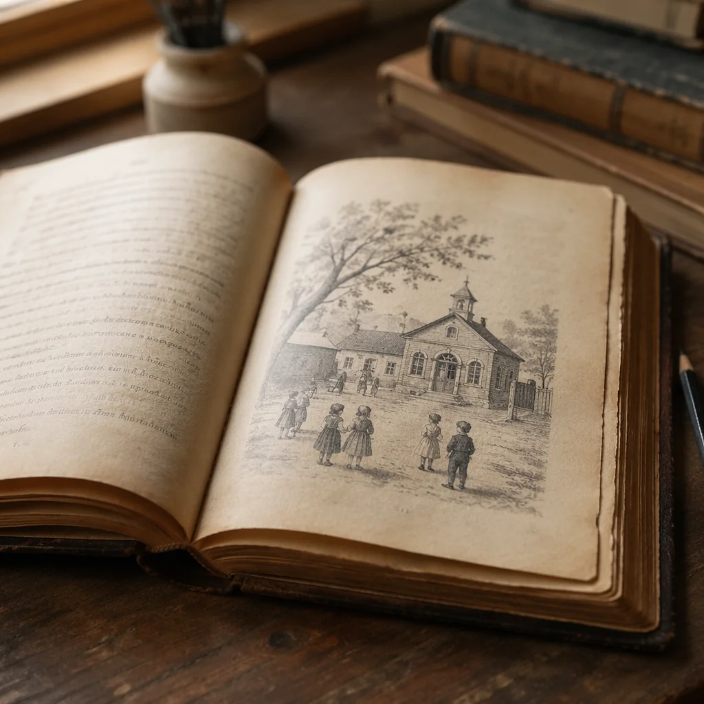 Open Vintage Education Book on Wooden Desk