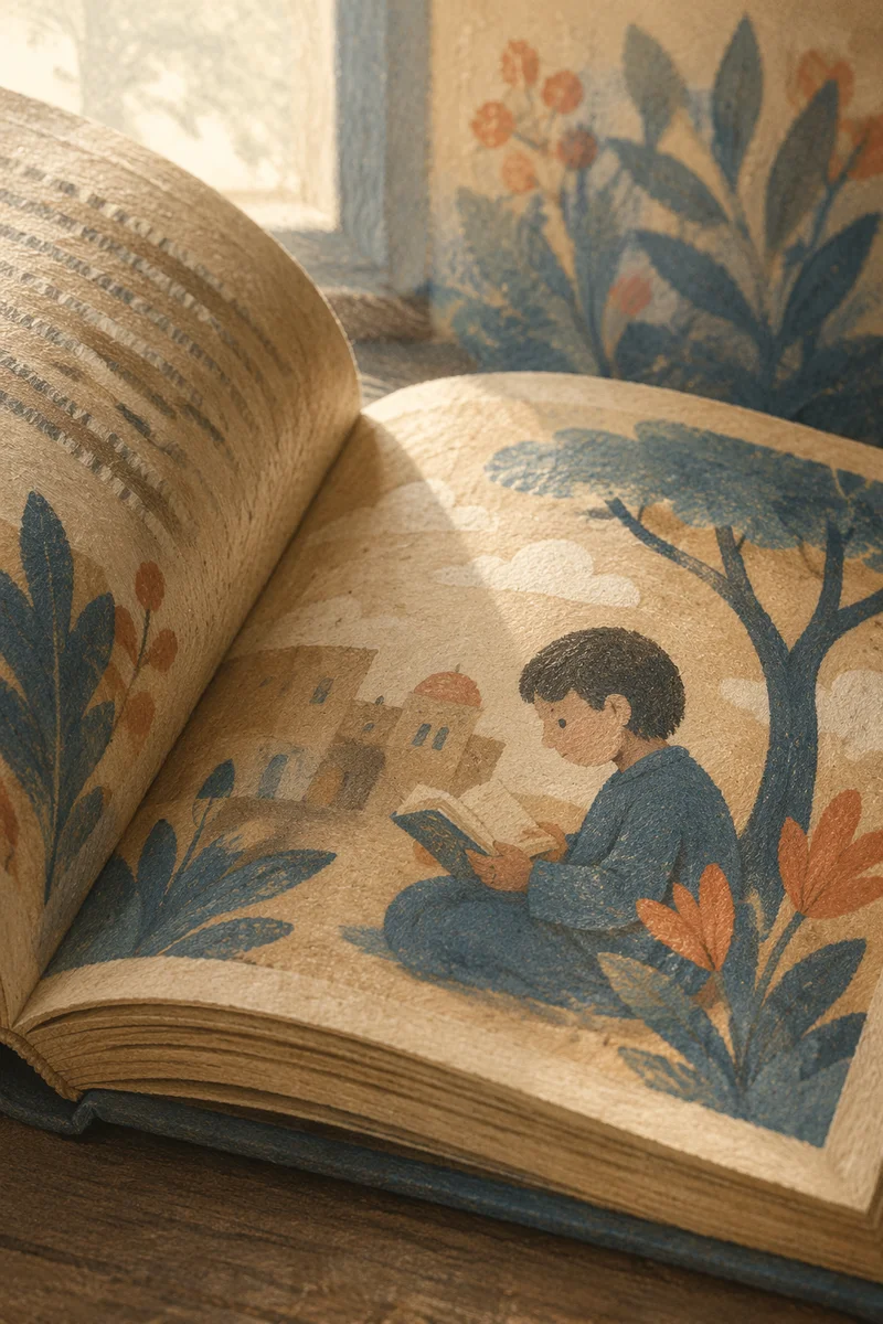 Open Book Pages in Warm Window Light