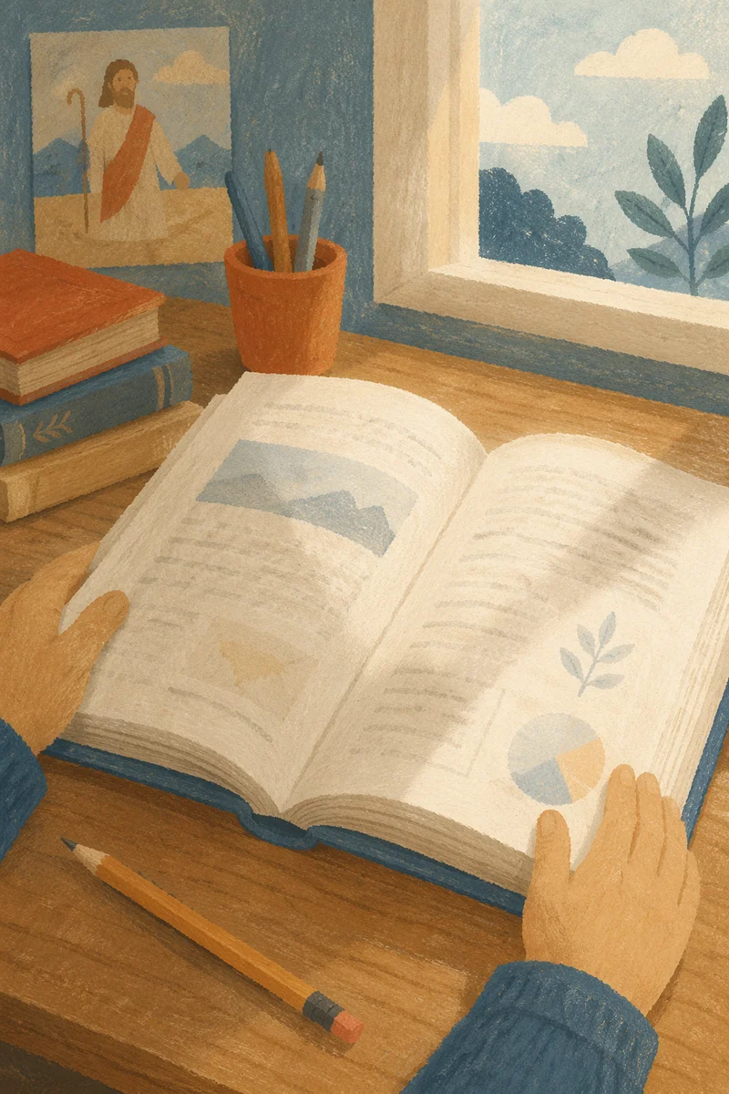 Open Textbook Close-Up on Study Desk
