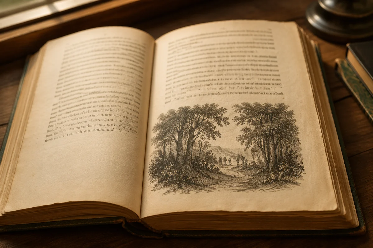 Open Vintage Storybook With Woodland Engraving