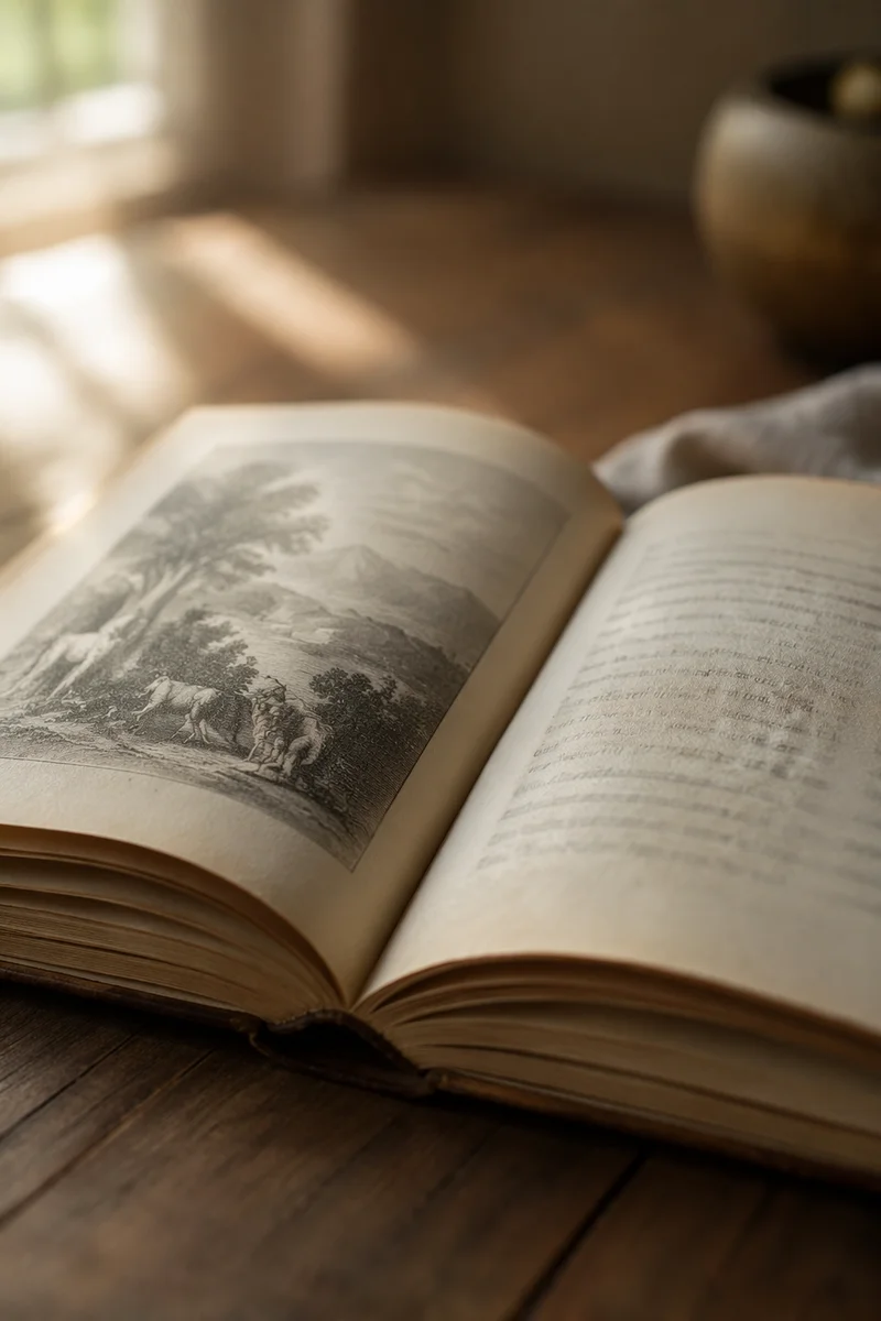 Open Vintage Book in Warm Study Light