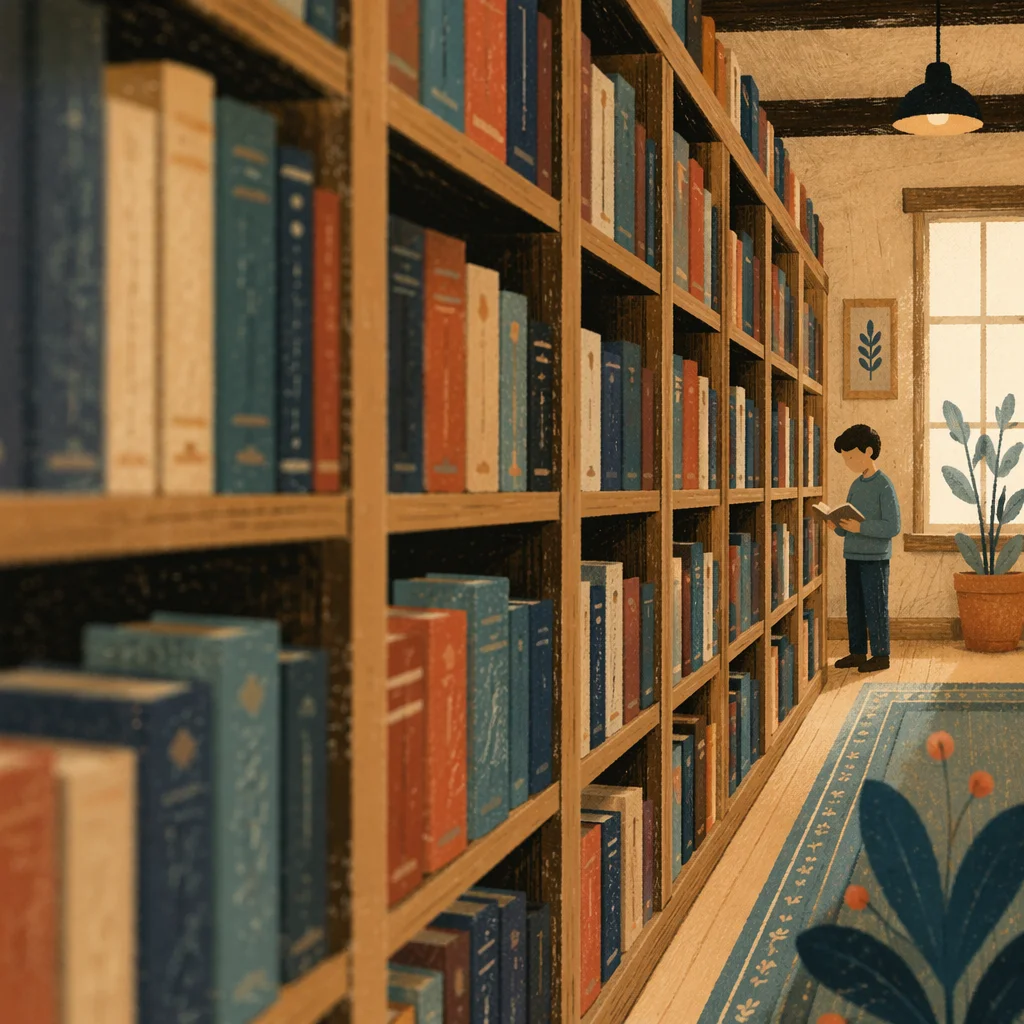 Organized Library Bookshelves with Colorful Spines
