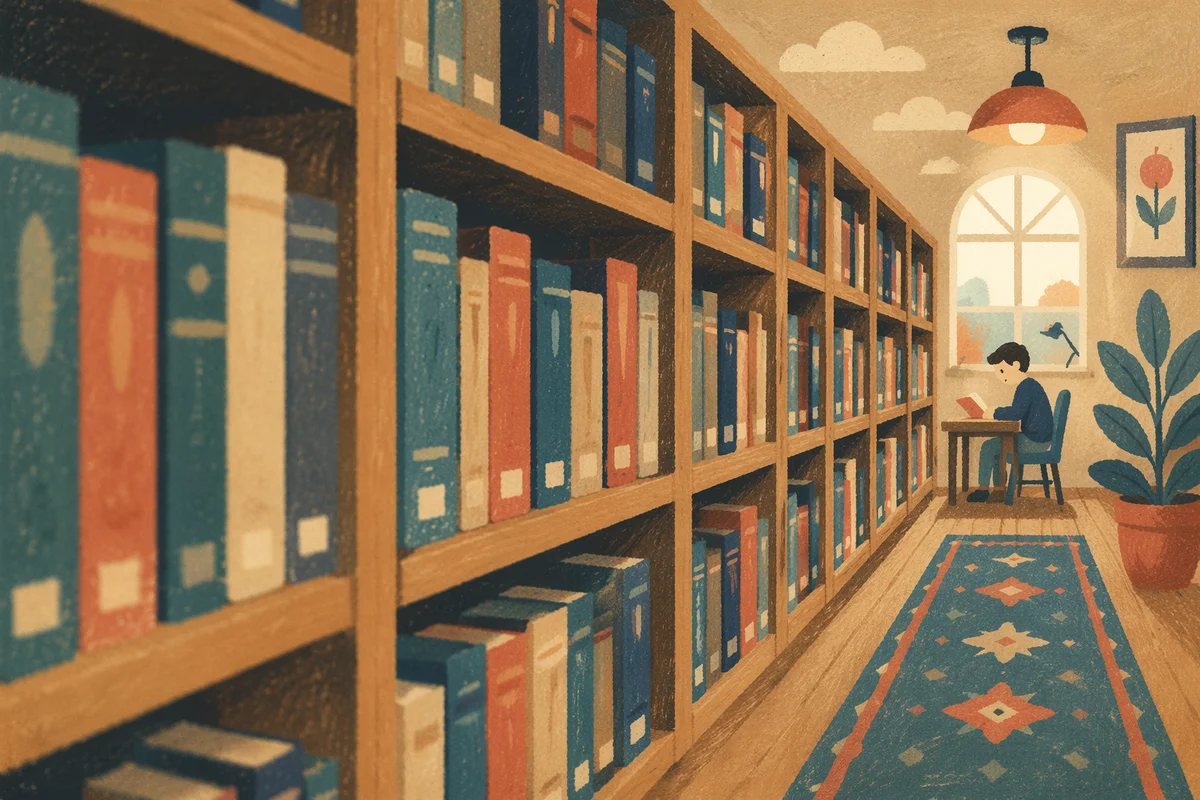 Organized Library Bookshelves with Colorful Spines