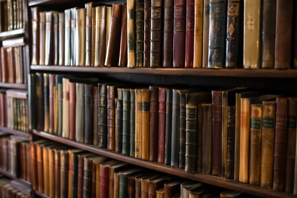 Organized Vintage Library Bookshelf Close-Up